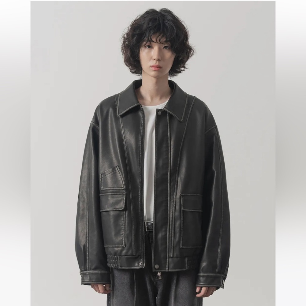 MUSINSA DIMITRI BLACK Korean Brand Authentic Washed Vegan Leather Jacket Black